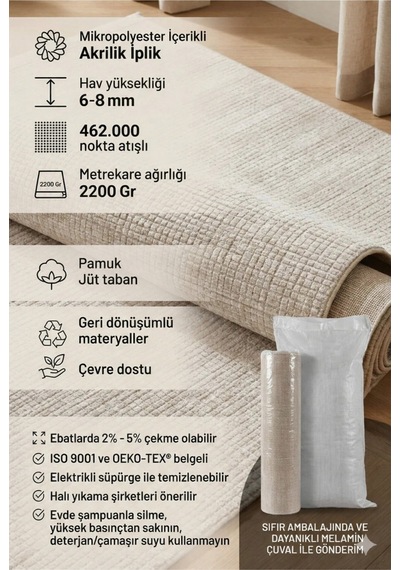 Modern Krem Dokulu Halı Minimal Grid Desen, Yumuşak Yüzey, Pamuk Jüt Tabanlı, Salon Halısı