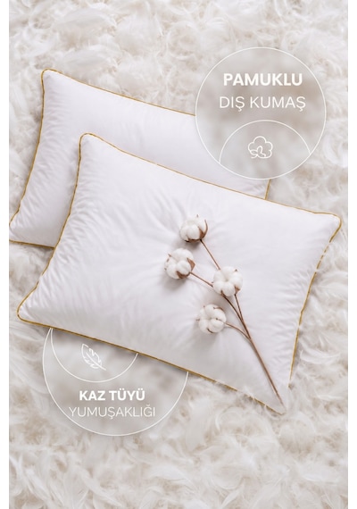 2 Adet Gold Detaylı Gold Rengi Biyeli 1100 Gram Lüks Otel Yastığı Beyaz