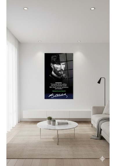 Mustafa Kemal Atatürk Portre Cam Tablo Umut Sözlü Siyah Beyaz Tasarım