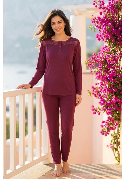 Aura Collections Kadın Dantelli Bambu Viskon Uzun Kollu Mevsimlik Soft Örme Pijama Takımı Bordo