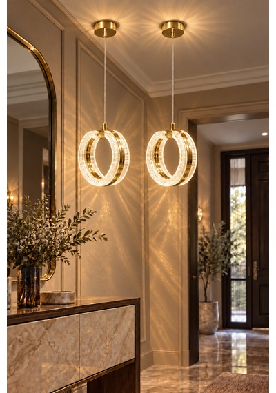 Queen Modern Tasarım Gold 3 Renk Sarı Günışığı Ve Beyaz - Ledli Banyo - Mutfak - Salon Ledli Sarkıt Avize 2 Adet Altın Altın