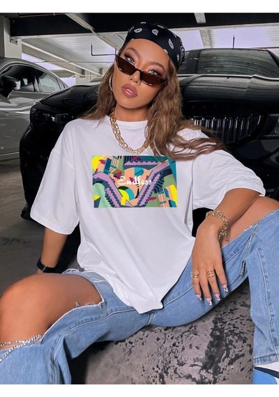 Startmore Kadın Siyah Oversize %100 Pamuk Endless Baskılı T-shirt Beyaz
