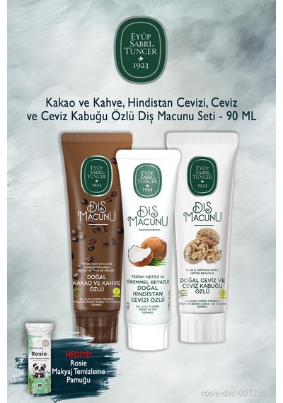 3 Adet 90 Ml Eyüp Sabri Tuncer Kakao, Hindistan Cevizi, Ceviz Diş Macunu, Rosie Beyazlık