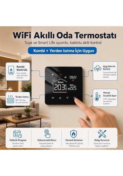 Wifi Kablolu Akıllı Oda Termostatı Tuya Ve Smart Life Uyumlu