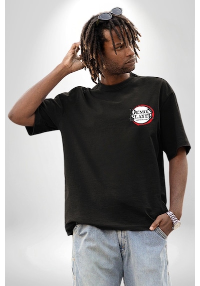 Anime Demon Slayer Siyah Oversize Unisex Ön Ve Sırt Baskılı Tişört Siyah