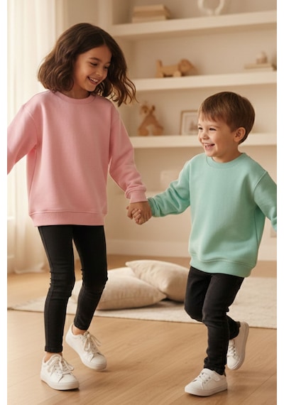 Zuzunga 2'li Basic Şardonlu Çocuk Sweatshirt Su Yeşili - Pudra 9003