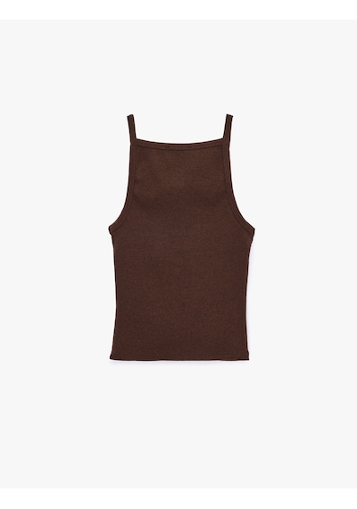 Koton Slim Fit Ribanalı Kolsuz Kare Yaka Bluz Kahverengi 6sak10235ek Kahve