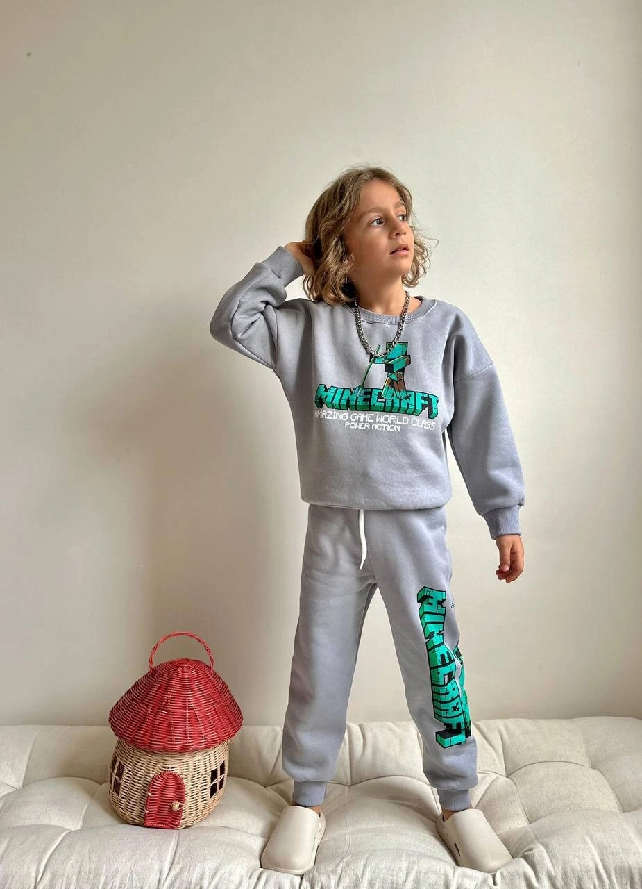 Miniko Kids Erkek Çocuk Minecraft Modelli 3 İplik Şardonlu Eşofman Takımı Gri