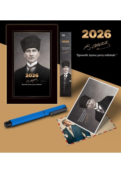 2026 Kalpaklı Atatürk Ajandası Ayraç Kartpostal Kalem - Mavi 103 Ivory