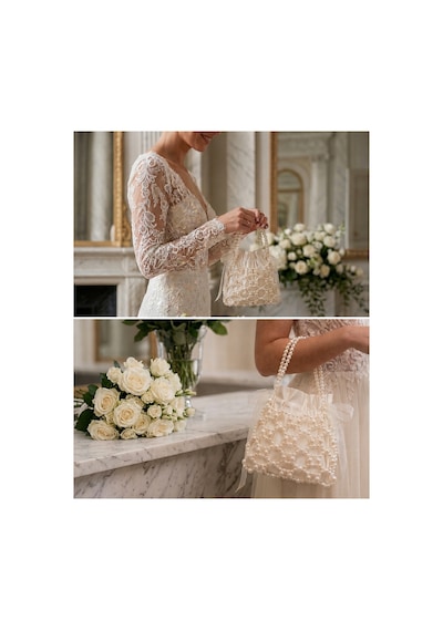 Nagihome El Yapımı İnci İşlemeli Kadın Çantası Gelin, Nişan, Davet Ve Günlük Kullanım Pearl Bag Ekru