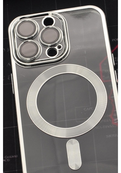 Apple Uyumlu iPhone 14 Pro Magsafe Özellikli Gümüş Gri Silver Renkli Kenarlı Lazerli Şeffaf Kılıf Lens Korumalı