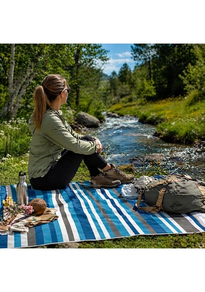 Piknik Örtüsü, Çanta Kamp Matı, Plaj Matı, Piknik Yer Örtüsü, Seyahat, Kamp, Outdoor, Park Çim Mavi Gri Çizgili