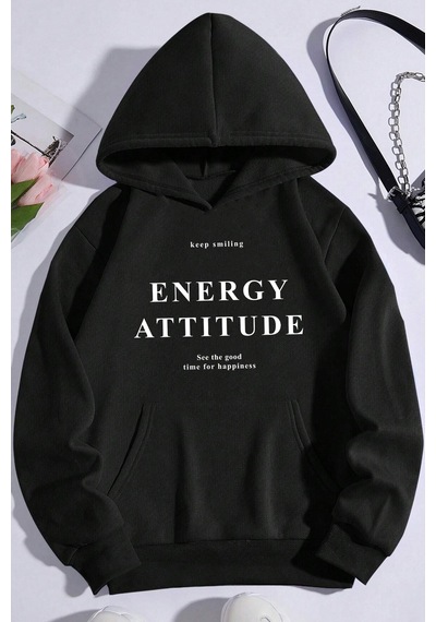 Energy Baskılı Oversize Sweatshirt Siyah