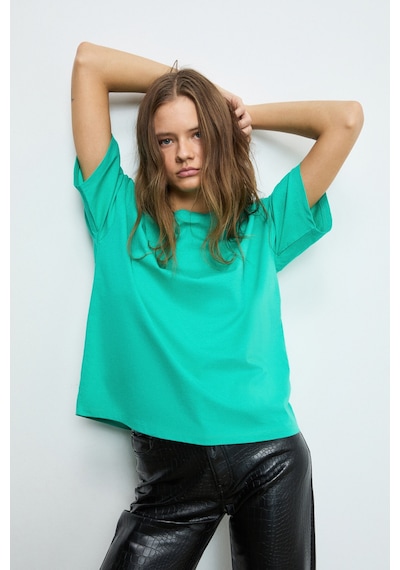 Grimelange LAGERTHA Kadın %100 organik Pamuklu Kalın Dokulu Oversize Fit Yuvarlak Yakalı Yeşil T-Shirt