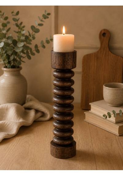 Doğal Ahşap Şamdan El Yapımı, Rustik Dekoratif Mumluk Modern Tekli 23 Cm Kahverengi