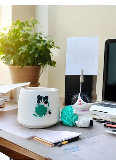 Turkuaz Yumaklı Kedi Fotoğraf - Not Tutuculu Obje Saksı Seti Hediyelik Ofis Seti Su Yeşili
