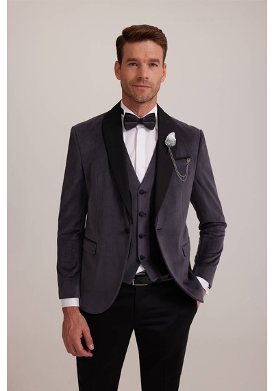 Ysf Erkek Gri Şal Yaka Yelekli Slim Fit Damatlık