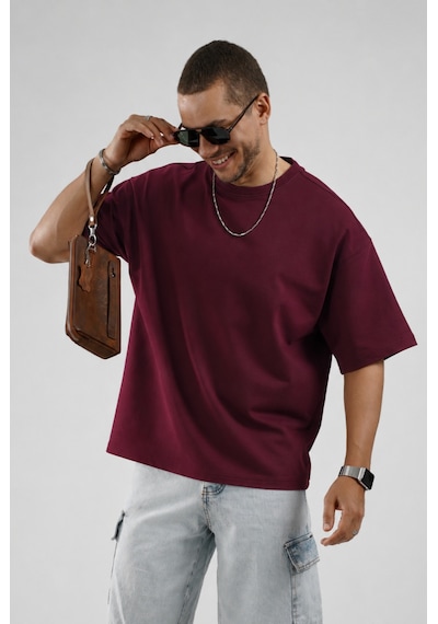 King Brich Oversize Kalıp Basic %100 Pamuklu Erkek Tişört Bordo