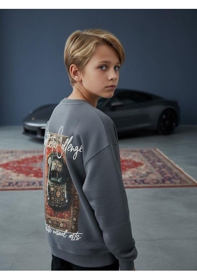 Zekids Erkek Çocuk Sırtı Araba Baskılı Tasarım Sweatshirt-16619 Füme