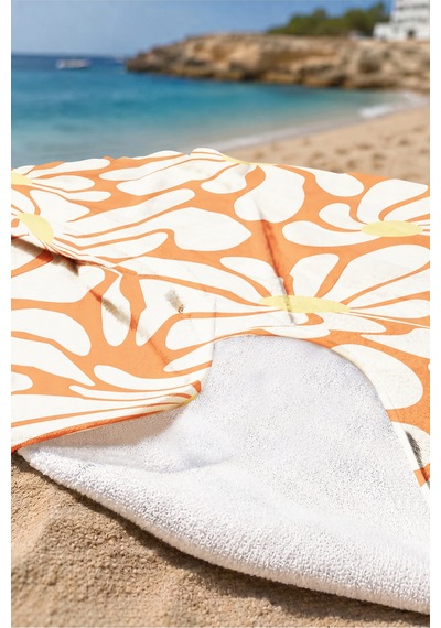 Çiçek Desenli Turuncu Beyaz Plaj Havlusu - Retro Floral Modern Hızlı Kuruyan Mikrofiber Havlu Köpük Şakayık