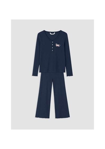 Lcw Young Lacivert V Yaka Nakışlı Kadın Pijama Takım