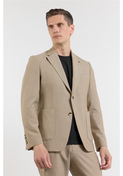 İmza Bej Mono Yaka 6 Drop Slim Fit Esnek Takım Elbise 1001260157 Koyu Bej
