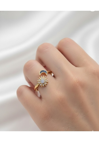 Çekirdekjewelry 925 Ayar Gümüş Ayarlanabilir Ay & Güneş Yüzük Sarı
