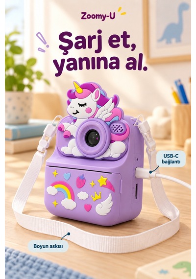 Kj/zm-004 Zoomy-u Unicorn Figürlü Anında Baskılı Çocuk Fotoğraf Makinesi, Çift Kamera, 2,4 İnç Ekran, 1080p Video, 3+ Yaş Mor