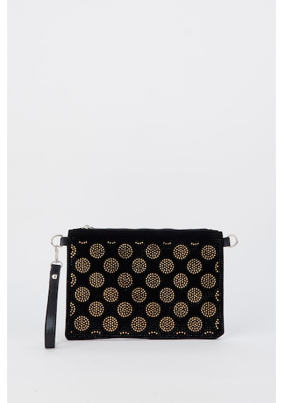 Vivaq Kadın Puantiyeli Altın Taşlı Süet Bilek Askılı Ve Zincir Askılı Portföy El Ve Clutch Çanta SİYAH