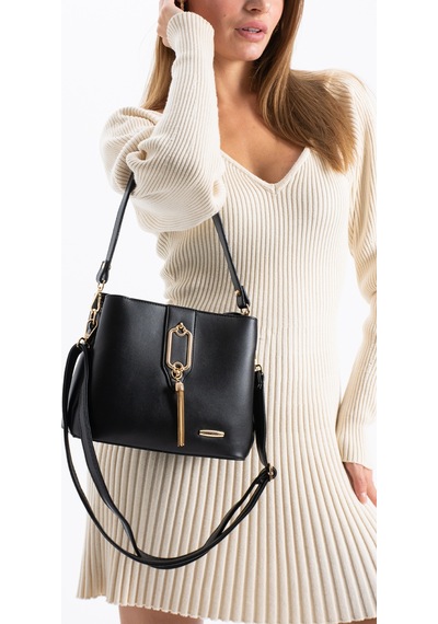 Vıatox Sedef Çanta Ss 1438 Gold Detaylı 3 Bölmeli Omuz Ve Çapraz Çanta Siyah