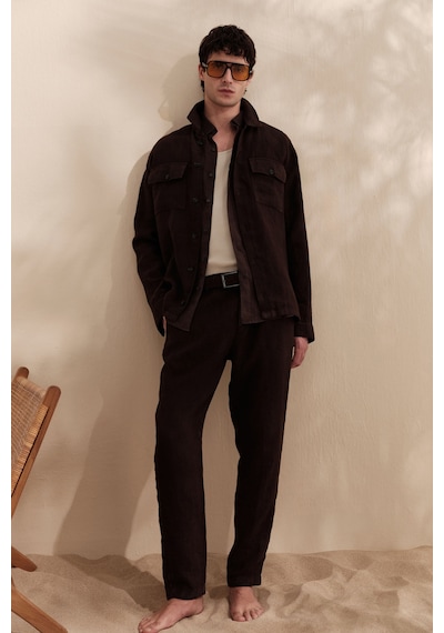 Avva Erkek Kahve Beli Lastikli %100 Keten Relaxed Fit Pantolon B003032