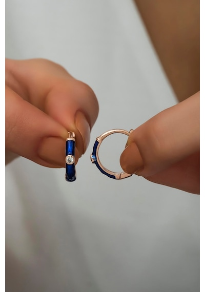 925 Ayar Gümüş Mavi Mineli 15 Mm Halka Küpe Pembe Altın