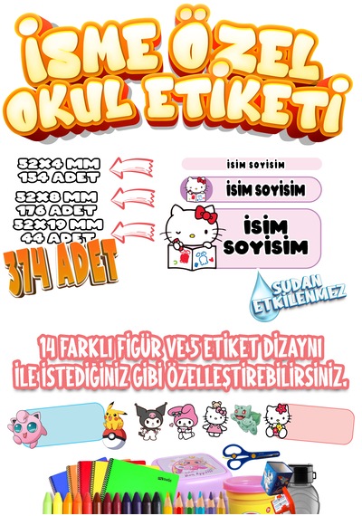Okul Etiketi Kalem Defter Etiketi İsme Özel Etiket Set04