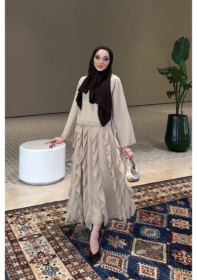 Riella Butik Mirel Volanlı Tesettür Takım Vizon