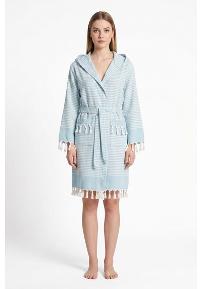 Kapşonlu Unisex Peştemal Plaj Bornozu %100 Pamuklu Seaside Stripe Turkuaz