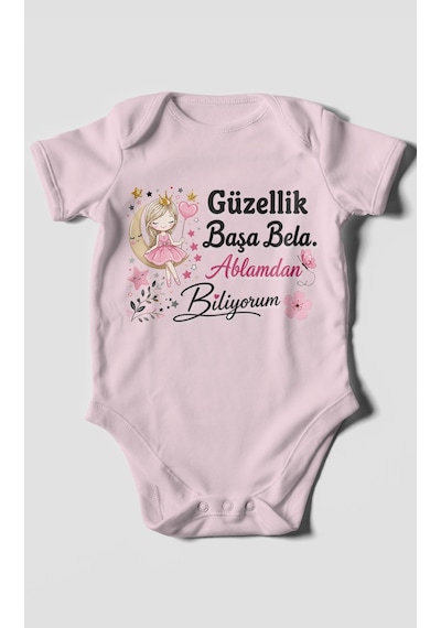 Morivokids Güzellik Başa Bela Ablamdan Biliyorum Kısa Kollu Bebek Body %100 Pamuk Bebe Pembe