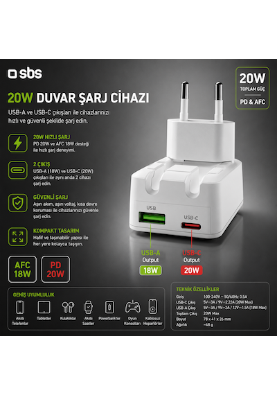 Sbs Flexi 20w Gan Katlanabilir Hızlı Şarj Adaptörü Usb-c Pd 20w + Usb-a Afc 18w Çift Çıkış Beyaz