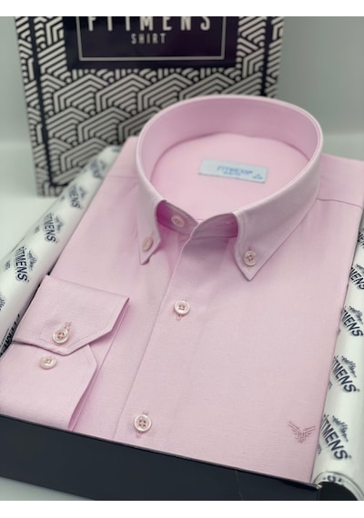 Slim Fit Uzun Kol Pamuklu Hediye Kutulu Kolay Ütülenebilir Erkek Gömlek Fs-002225 - Pembe-2664