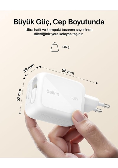 Belkin Ultracharge Usb-c Fiş Tipi Şarj Cihazı 45 W, 0,8 M Geri Çe