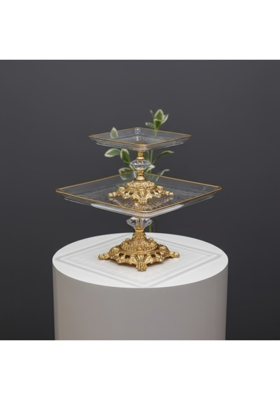 Çnr Home Collection Paşabahçe 2 ' Li Kare Döküm Ayakli Pasta Sunumluk Kurabiyelik Gold