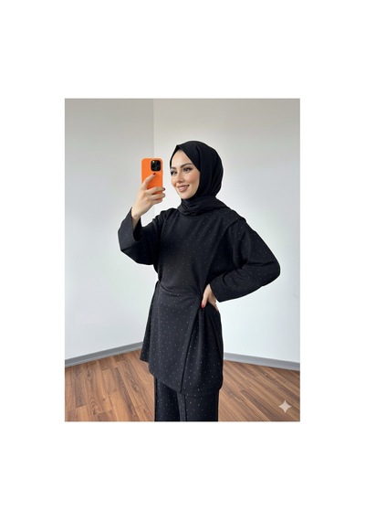 Unika Boutique Siyah Taşlı Tesettür İkili Takım / Modal Kumaş Rahat Kesim
