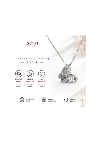 Servi 925 Ayar Gümüş Pembe Taşlı Kelebek Kolye-458
