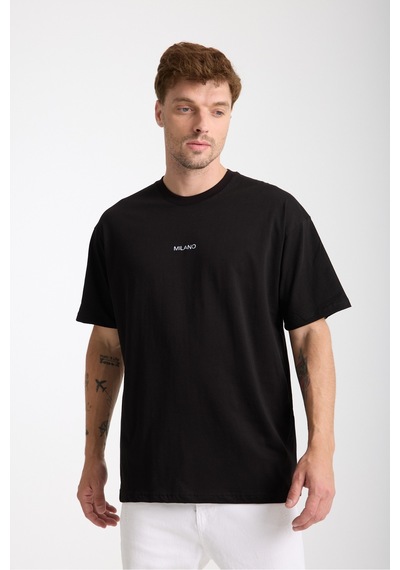 Erkek Milano Nakış Yazılı Oversize Bisiklet Yaka T-shirt Siyah