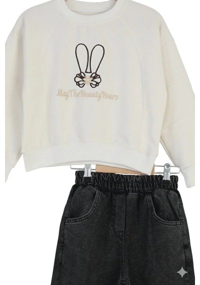 Erdem Kıds Kız Çocuk Bayramlık Günlük - Casual Geniş-bol Paça Palazzo Kot Pantolon-sweatshirt İkili Takım Beyaz - Siyah