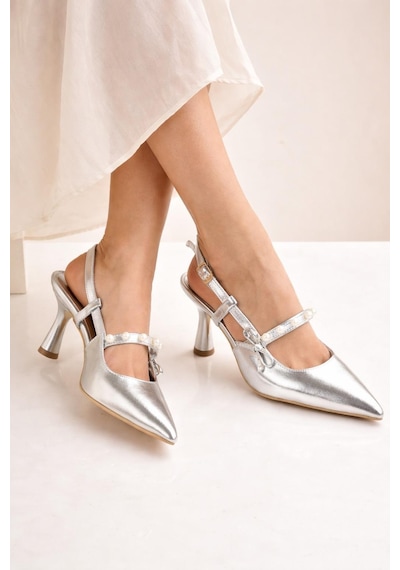 Modaonn Kadın Sivri Burun İnci Detaylı Slingback İnce Topuk Rugan Ayakkabı Gümüş