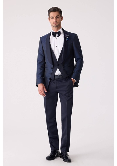 Ysf Erkek Lacivert Yelekli Slim Fit Damatlık