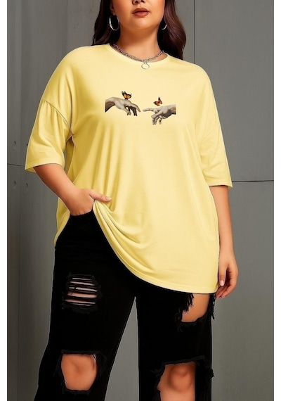 Büyük Beden Özgürlük Baskılı Unisex Tişört Sarı