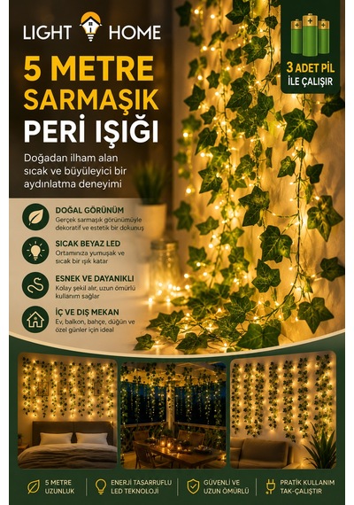 Yapay Sarmaşık Led Işık Dekoratif Işıklı Sarmaşık Led Oda Duvar Yatak Odası Parti Yılbaşı Dekoru 5 Metre 50 Led Sarı