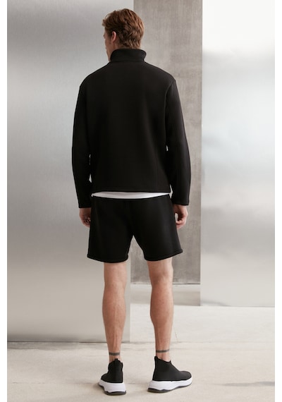 Grimelange Halden  Erkek Içi Polarlı Dik Yaka Yarım Fermuarlı Baskı Detaylı Regular Siyah Sweatshirt