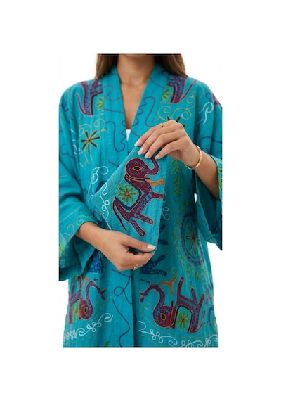 Lila Mare Hint Nakışlı Cotton Kimono Mavi Mavi